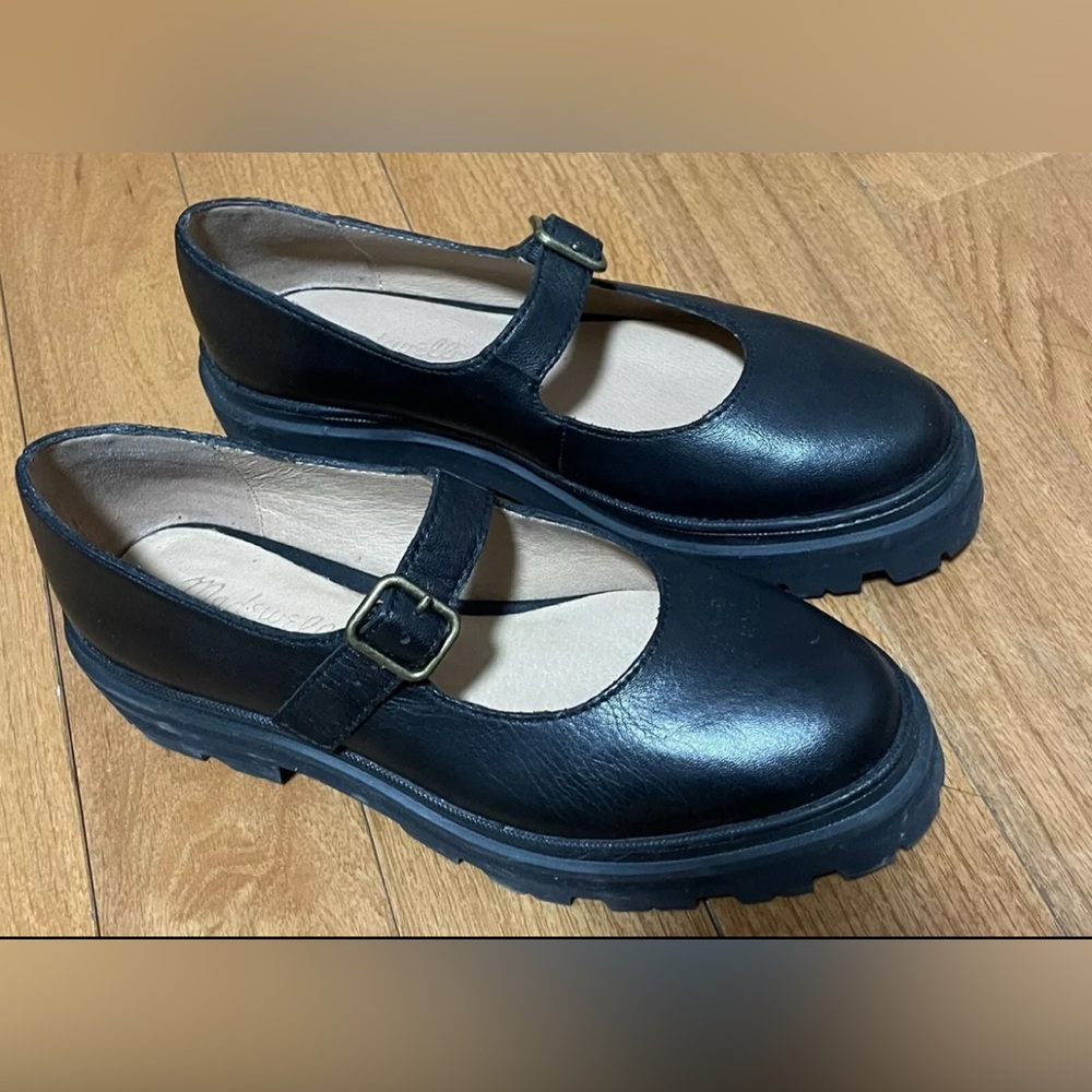 Madewell Freya Black Leather Lug Sole Mary Jane Shoes 6/6.5